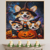 Corgi Dog Halloween Canvas Wall Art with Pumpkins Rustic Fall Accent for Cozy Autumn Homes and Dog Lovers on Ready to Hang 1.5" Thick Canvas Wrap, Floating Framed Canvas, Flat Rolled Canvas